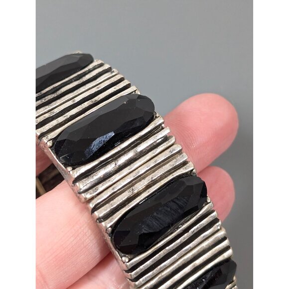 Attitudes Black Glass Bracelet Industrial Modernist Silver Tone Stretch 6.5" - Picture 7 of 9